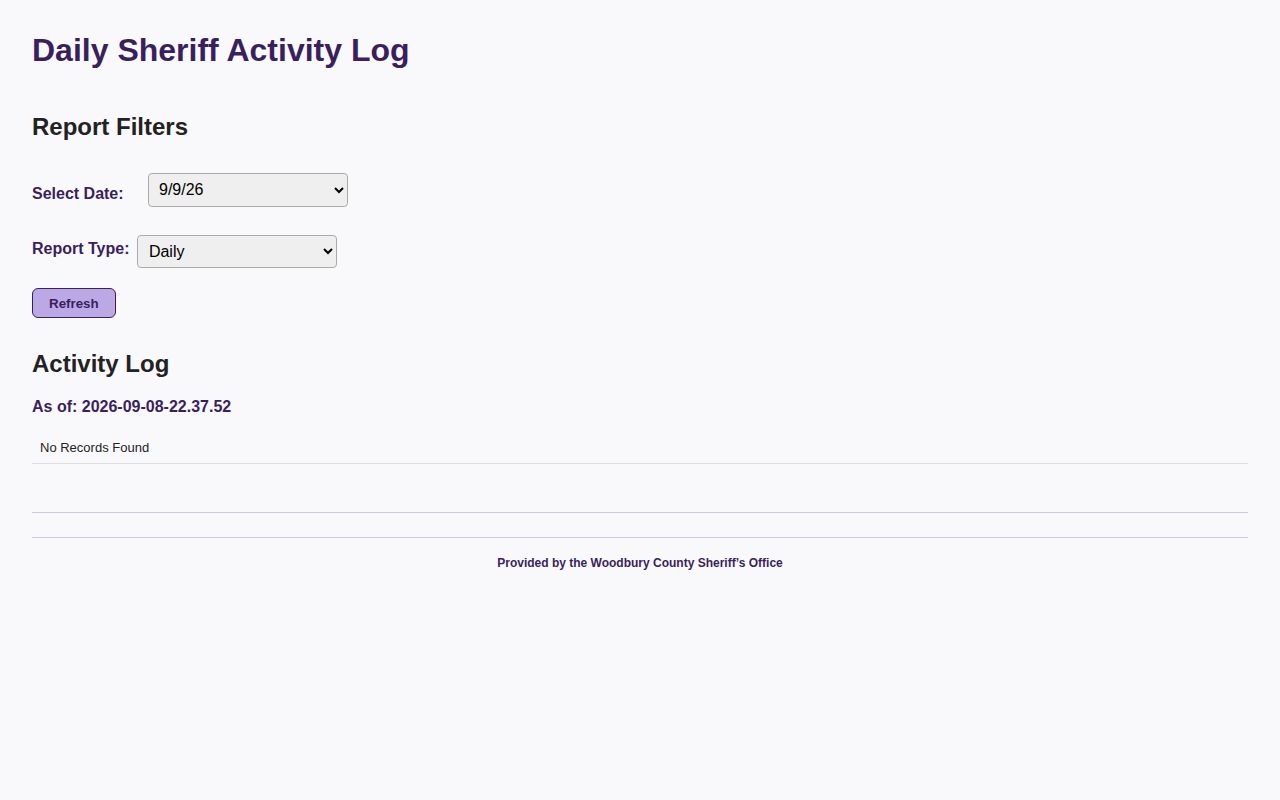 Woodbury County Sheriff daily activity log date and report controls