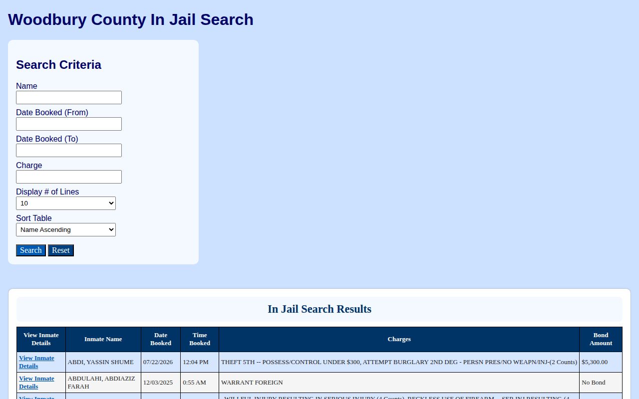 Woodbury County In Jail Search form with name, booking date, and charge controls