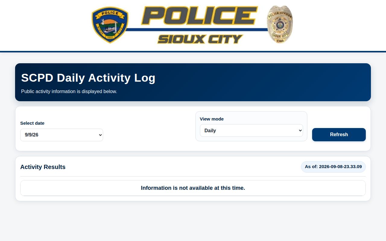 Sioux City Police Department arrest activity log interface for Woodbury County records