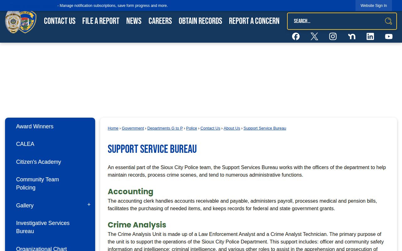 Sioux City Police Support Service Bureau records information for arrest reports
