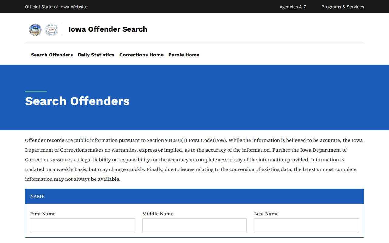 Iowa Department of Corrections statewide offender search form