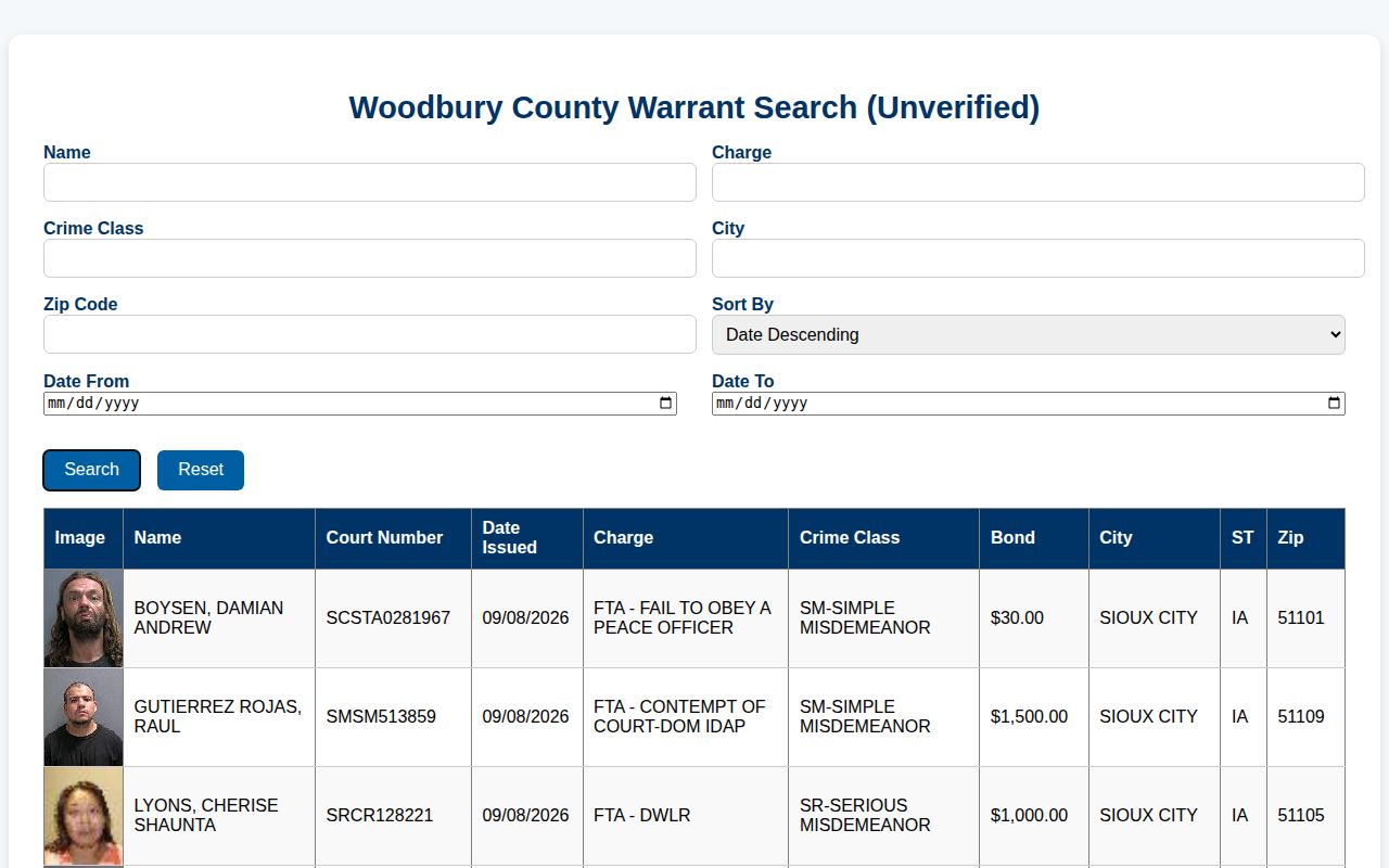 Woodbury County unverified warrant search interface and filters