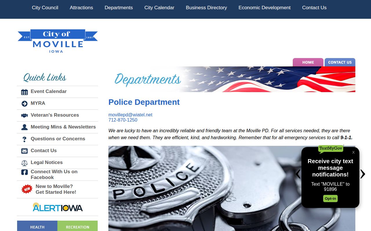 Moville Police Department contact page for recent arrest record requests