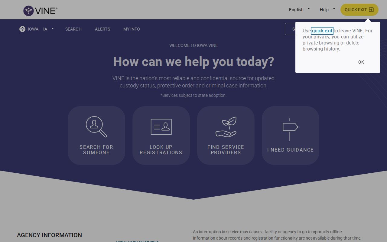Official VINELink Iowa custody search landing screen