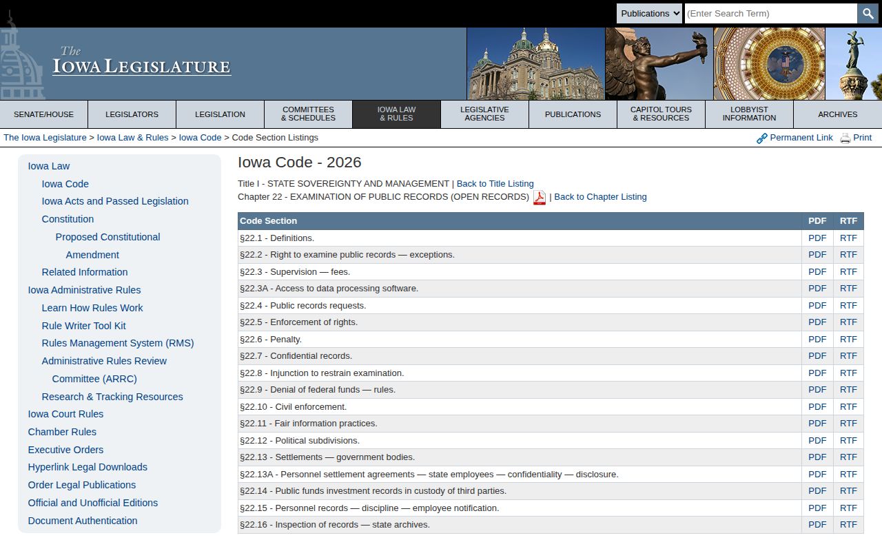 Iowa Legislature Chapter 22 public records law page